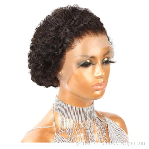 Short Pixie Cut Curly Human Hair Wigs For Women Deep Wave Frontal Wig Side Part Bob  13x1 T Part Transparent Lace Wigs